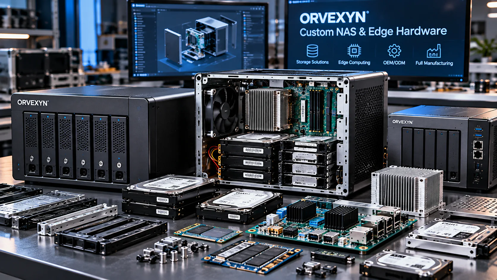 Custom NAS and edge-computing hardware with storage, boards and thermal components