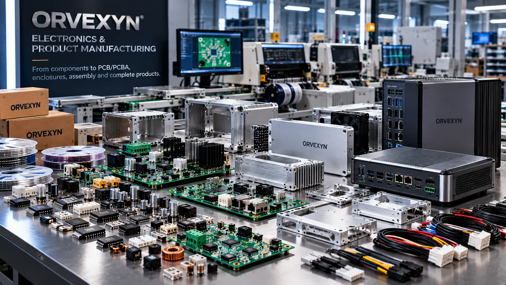 Electronic assemblies, machined enclosures and wiring prepared for product manufacturing